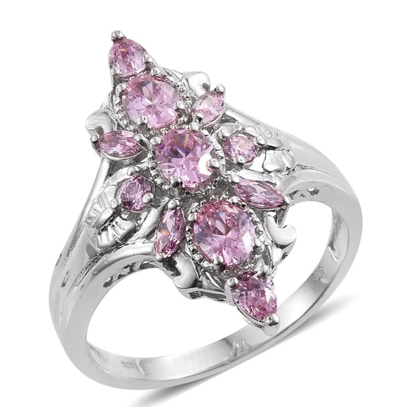 Simulated Pink Sapphire Platinum Bond Brass Ring - Picture 2 of 6